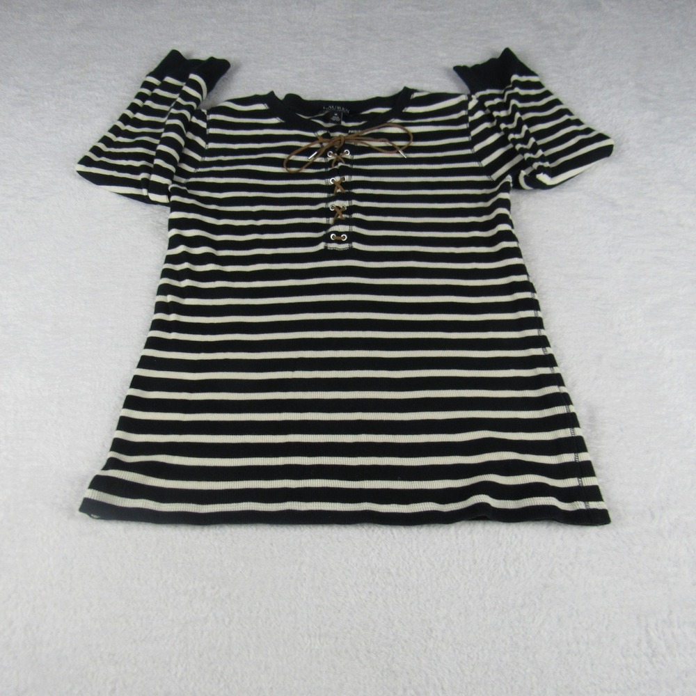 Lauren Ralph Lauren  Womens Sz Medium Black White Lace Up Striped Thermal Top